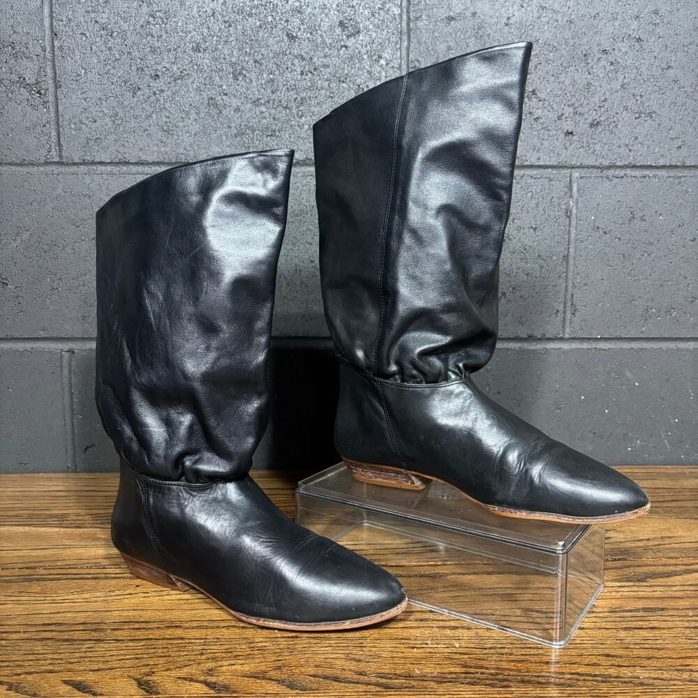 Vintage Women’s 9 Black Leather Slouch Boots Made in Brazil Flat Riding Boots